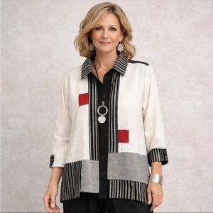 Ali Miles Lagenlook Modern Button Artsy Artwear Top Architectural Size M Office